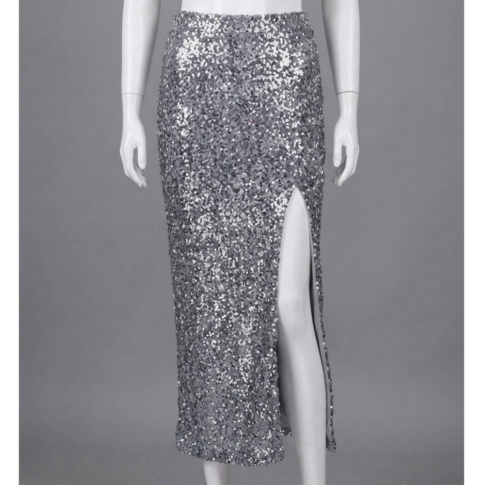 McBling Madden NYC Silver Sequin Maxi Skirt High Slit Party Glam XL